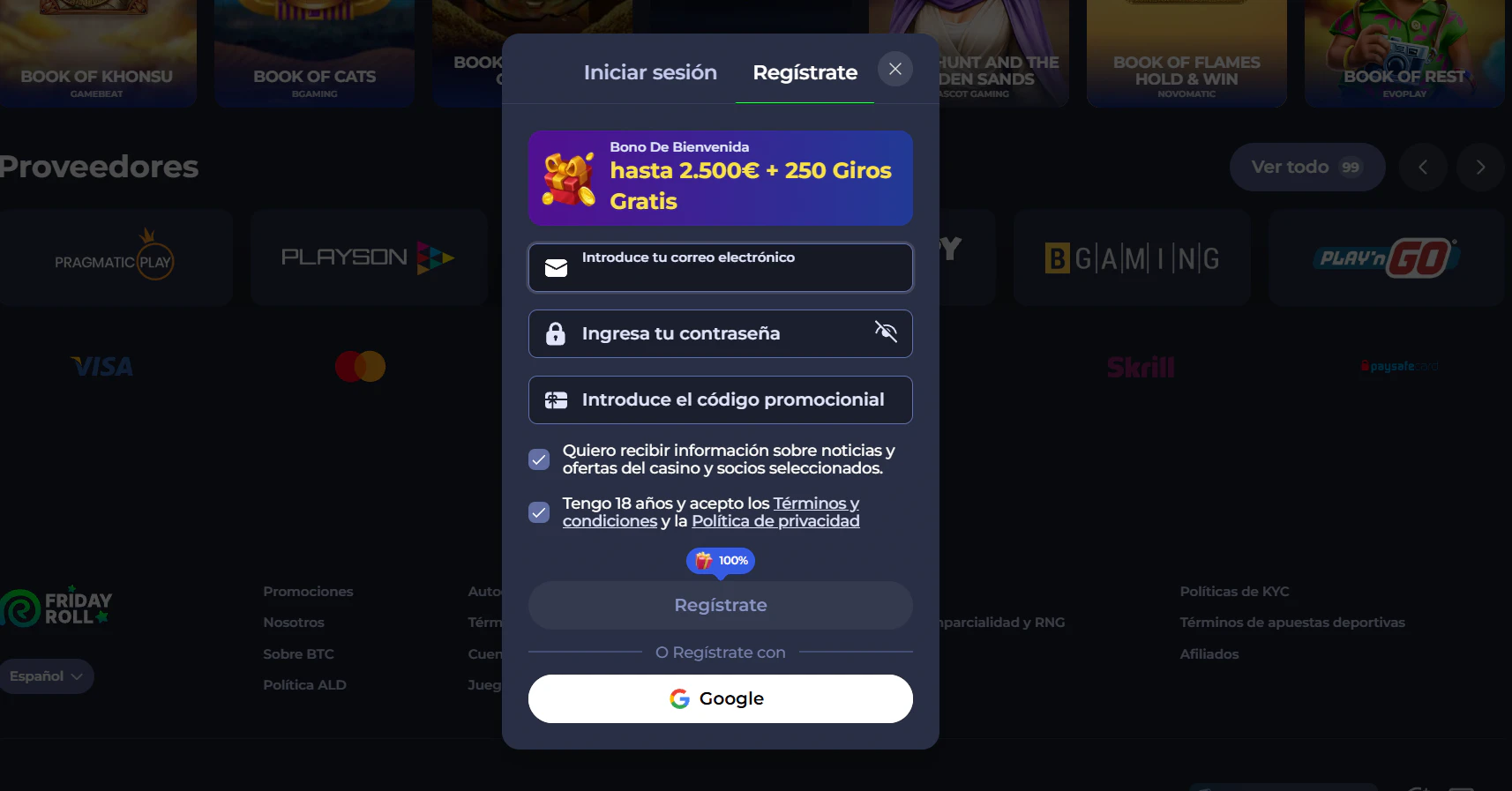 Fridayroll Casino registro e inicio de sesión